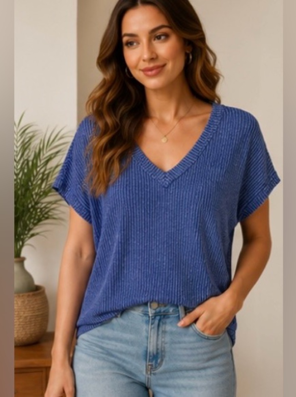 Perch by Blu Pepper 2X Blue Ribbed V Neck Knit Top Oversized - Picture 2 of 6